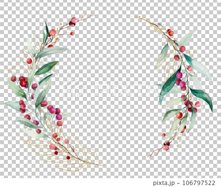 Christmas frame with watercolor twigs with green leaves and red berries. Holidays design Illustration Christmas frame with watercolor twigs with green leaves and red berries. Holidays design Illustration 106797522