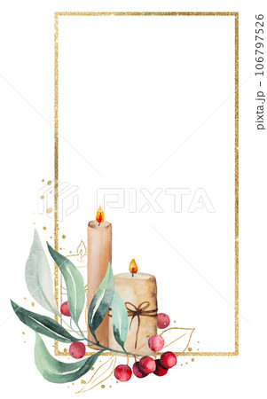 Christmas frame with watercolor candles, green leaves and red berries. Holidays design Illustration 106797526