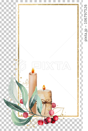Christmas frame with watercolor candles, green leaves and red berries. Holidays design Illustration 106797526
