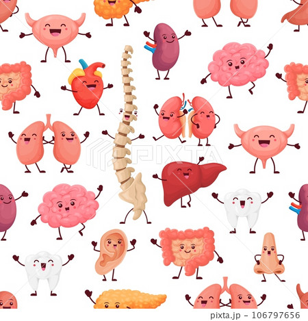 Human organ characters seamless pattern. Vector background with lungs, heart, nose, teeth or liver, intestines, brain, ear, spine and thymus gland or bladder funny anatomical personages of human body 106797656