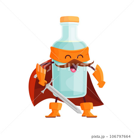 Cartoon mexican pulque superhero character. Isolated vector super hero bottle in cape, boots, gloves and mask. Funny alcohol drink fairytale knight personage, smiling glass flask with sword in hand 106797664