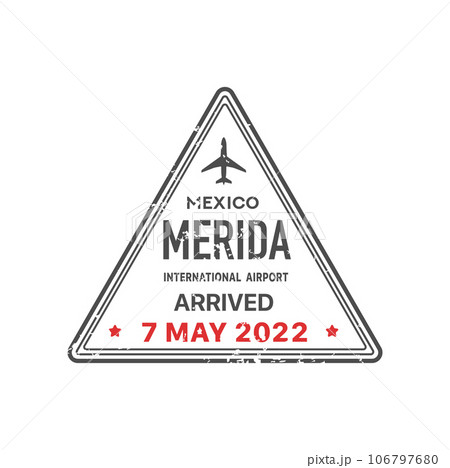Merida departed visa, international airport sign, passport travel stamp to Mexico. Vintage insignia of Latin American country, travel border control 106797680