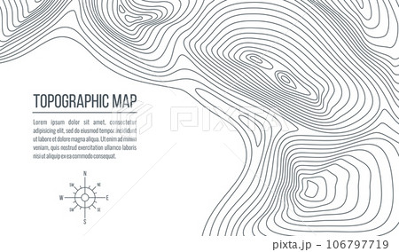 Topographic map. Grid, relief contour lines of abstract terrain, vector background of topography, cartography and geography themes. Topo map with vintage compass wind rose and isoline curves pattern Topographic map. Grid, relief contour lines of abstract terrain, vector background of topography, cartography and geography themes. Topo map with vintage compass wind rose and isoline curves pattern 106797719