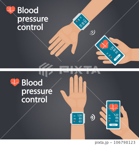 Measurement and monitoring of blood pressure with modern gadgets and mobile applications. Man checking arterial blood pressure with digital device tonometer. Healthcare. Flat vector illustration. 106798123