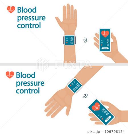 Measurement and monitoring of blood pressure with modern gadgets and mobile applications. Man checking arterial blood pressure with digital device tonometer. Healthcare. Flat vector illustration. Measurement and monitoring of blood pressure with modern gadgets and mobile applications. Man checking arterial blood pressure with digital device tonometer. Healthcare. Flat vector illustration. 106798124