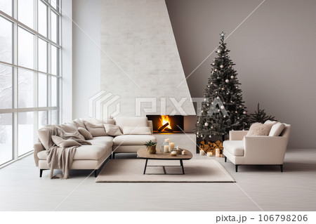 Christmas Home Interior with festive Christmas tree and gift boxes. Modern minimal living room in white colors 106798206
