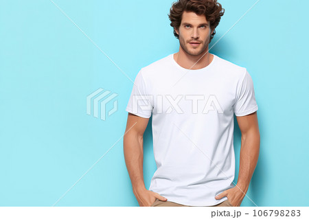 Attractive man wearing blank white t-shirt on blue background. Mockup for tshirt print design 106798283