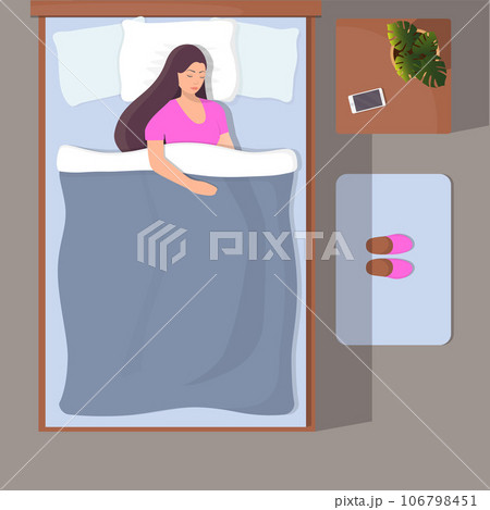 Woman sleeping in her bed, top view. Girl sleeps peacefully. Vector illustration in flat style. 106798451