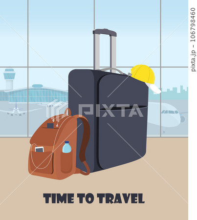 Airport waiting hall with suitcase and backpack in the foreground. Terminal interior, panoramic window, planes and control tower outside. Time to travel. Travel concept, vector illustration, flat. Airport waiting hall with suitcase and backpack in the foreground. Terminal interior, panoramic window, planes and control tower outside. Time to travel. Travel concept, vector illustration, flat. 106798460