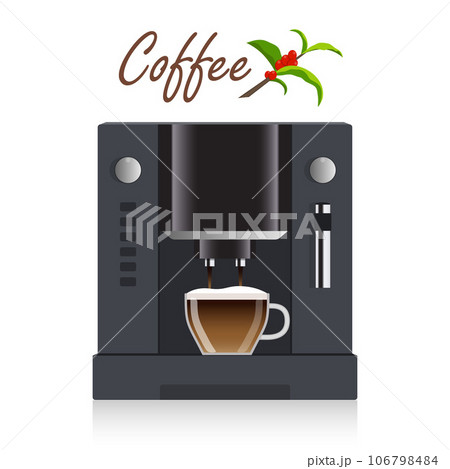 Modern coffee machine for home, restaurant, office or cafe. Coffee break concept illustration. Coffee machine pours freshly brewed coffee into a cup. Flat design, vector. Modern coffee machine for home, restaurant, office or cafe. Coffee break concept illustration. Coffee machine pours freshly brewed coffee into a cup. Flat design, vector. 106798484