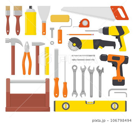 Collection of working tools. Repair and construction tools icon set. Hammer, pliers, chisel, file, screwdriver, brush, spatula, wrench, saw, drill, ruler, grinder, tool box. Vector flat illustration. 106798494