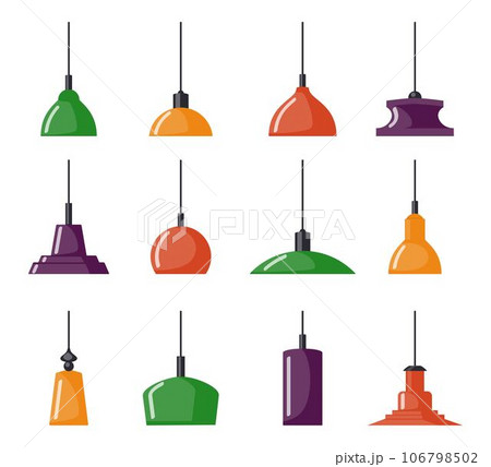 Colorful hanging lamps, set. Chandeliers, lamps, bulbs - elements of modern interior, beautiful icon collection. Vector illustration, isolated. 106798502