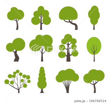 Various green trees in simple graphic style. Tree icons set in a modern flat style. Vector illustration. 106798524