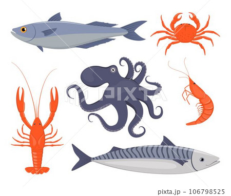 Seafood set. Salmon, crab, lobster, octopus, shrimp, mackerel in flat style. Fish, seafood icons for restaurant menu. Vector illustration. 106798525