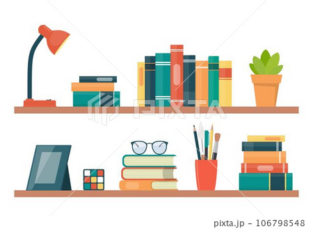 Book shelves with books and other objects. Book, lamp, potted plant, photo frame, rubik cube, glasses. Vector illustration in flat style. 106798548