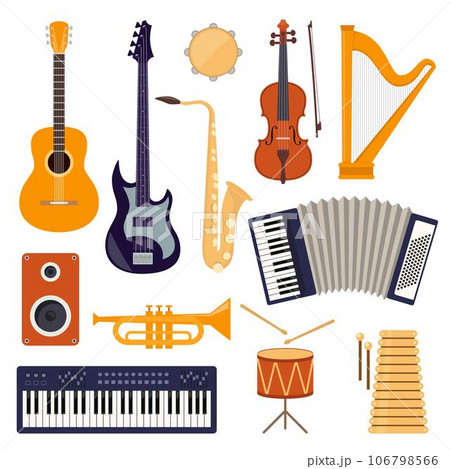 Flat design musical instruments, set of icons. Guitar, synthesizer, violin, cello, drum, cymbals, saxophone, accordion, tambourine, trumpet, harp, loudspeaker. 106798566