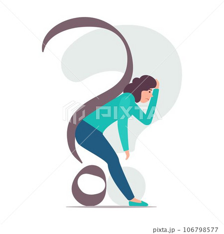 Woman is bent under the question mark. Woman is dejected by problems and doubts. Vector concept illustration. Woman is bent under the question mark. Woman is dejected by problems and doubts. Vector concept illustration. 106798577