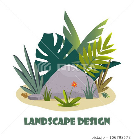 Landscape design composition with plant and stones. Cute floral composition for greeting card, banner, flyer, app, website on ecological, botanic, landscape design themes. Vector illustration. 106798578