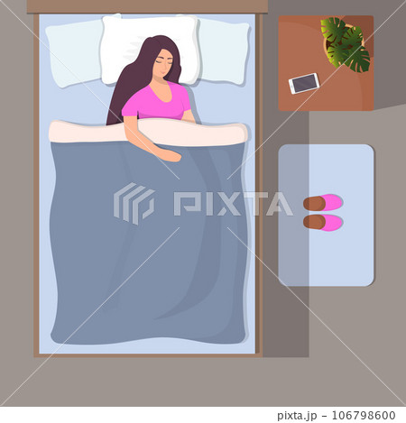 Woman sleeping in her bed, top view. Girl sleeps peacefully with smartphone near her head. Slippers on the Mat near the bed. Vector illustration in flat style. 106798600