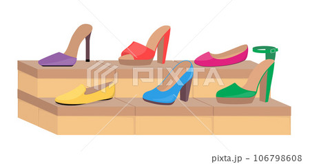 Shoe boxes with woman s footwear. Stylish modern woman s shoes on boxes, side view. Shoes in a store. Vector flat illustration. Shoe boxes with woman s footwear. Stylish modern woman s shoes on boxes, side view. Shoes in a store. Vector flat illustration. 106798608