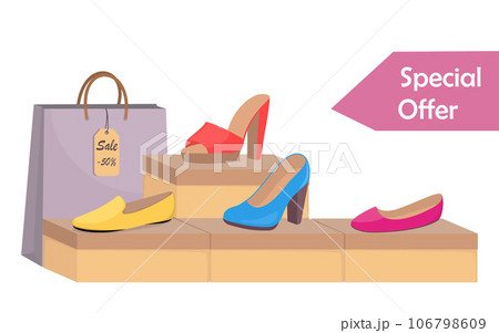 Shoe boxes with woman s footwear. Stylish modern woman s red shoes on box, colorful paper bag and price tag with 50 percent discount. Footwear sale advertising banner. Vector illustration. 106798609