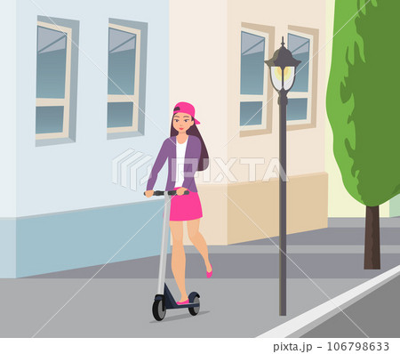 Cute girl riding kick scooter on city street. Teen girl in short skirt, jacket and baseball cap rides on scooter. Young charming female character on kick scooter, vector in flat style. 106798633