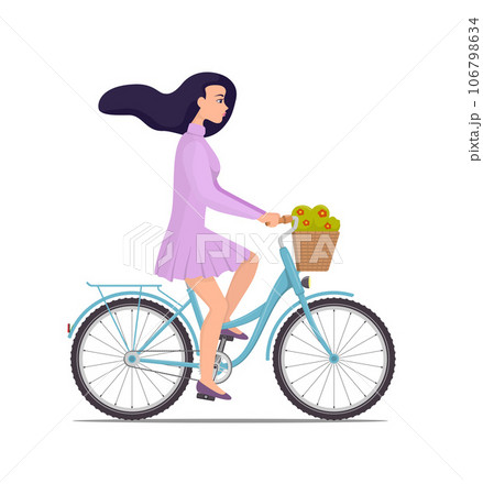 Beautiful young woman riding on a bicycle with flowers in a basket. Pretty girl in nice dress with fluttering hair in the wind rushes on bike. Vector flat illustration. 106798634