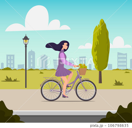 Beautiful young woman riding on a bicycle with flowers in a basket. Pretty girl in nice dress with fluttering hair in the wind rushes on bike. Vector flat illustration. 106798635