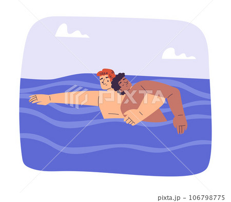 Man Beach Lifeguard Character Swimming with Guy Drowning in Water Vector Illustration 106798775