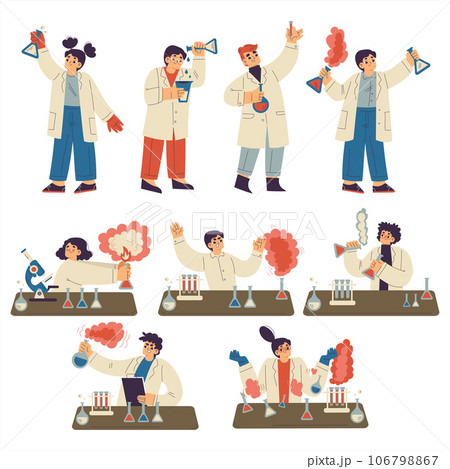 Kids Chemist and Scientist in Chemistry Lab Doing Scientific Experiment Vector Set Kids Chemist and Scientist in Chemistry Lab Doing Scientific Experiment Vector Set 106798867