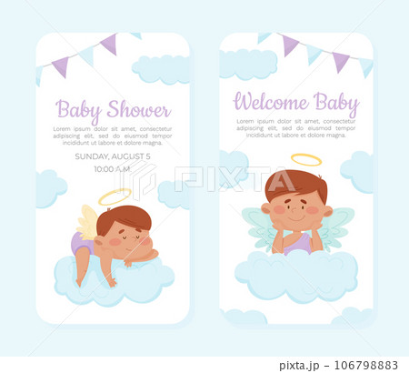 Baby Shower Card with Cute Boy Angel Character with Wings and Nimbus on Cloud Vector Template Baby Shower Card with Cute Boy Angel Character with Wings and Nimbus on Cloud Vector Template 106798883
