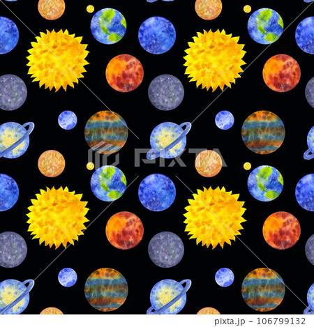 Seamless pattern planets solar system. Mercury Venus Earth Mars Jupiter Saturn Uranus Neptune Sun. Hand draw watercolor illustration black background. For print fabrics, packaging 106799132