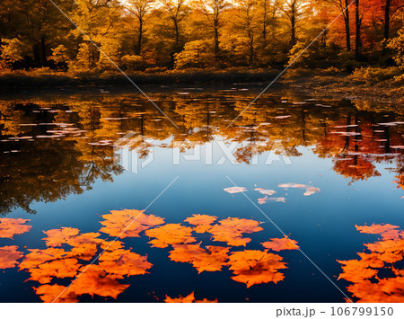 water reflection at sunset in autumn leaves on the lake 106799150