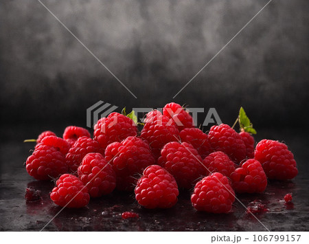 close up raspberry in juice complex background 106799157