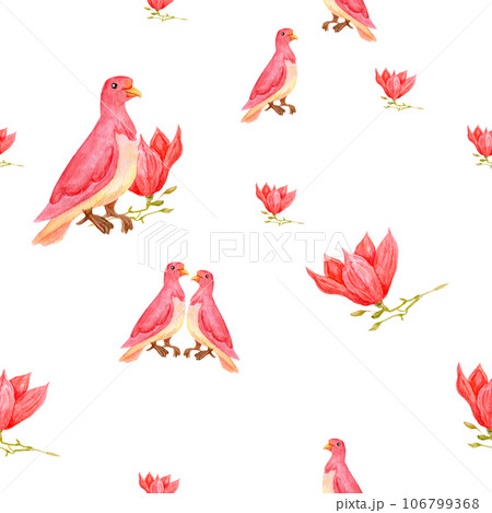 Seamless floral pattern with birds and magnolia. Pattern dove and tropical Japanese flowers. Floral pink illustration with doves for wallpaper Seamless floral pattern with birds and magnolia. Pattern dove and tropical Japanese flowers. Floral pink illustration with doves for wallpaper 106799368
