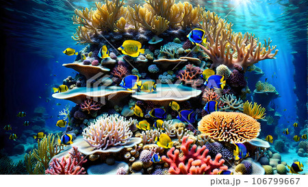 Seafloor illustration group of fish swimming around a coral reef Seafloor illustration group of fish swimming around a coral reef 106799667