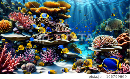 Seafloor illustration group of fish swimming around a coral reef Seafloor illustration group of fish swimming around a coral reef 106799669