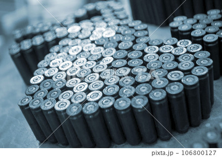Object made up of spent used cartridge cases. Lots used shells from cartridge cases ammo close up. Model from Many Used cartridge Cases. Concept war military confrontation defense protection firearm 106800127