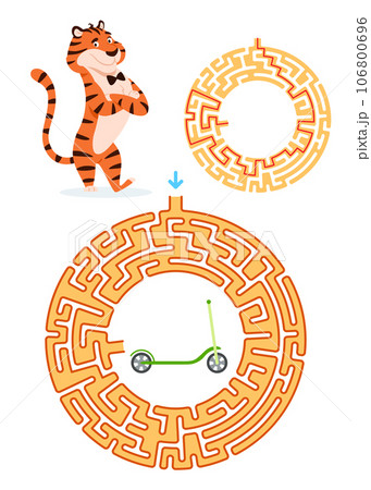 Maze game for kids with solution on white background. Let's help tiger to find way to kick scooter. Animal character learning book page design vertical template. Round labyrinth vector illustration. 106800696