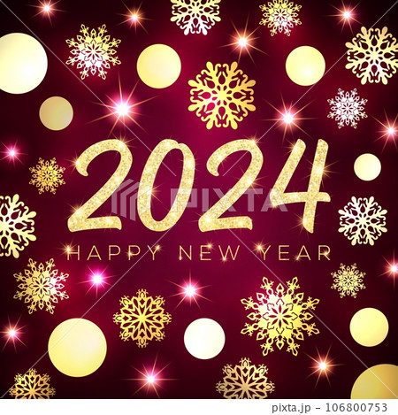 Happy New Year 2024 greeting card design. Gold glitter glowing Christmas circle balls snowflakes stars on dark red background. Golden New Year celebration banner Holiday decoration illustration Happy New Year 2024 greeting card design. Gold glitter glowing Christmas circle balls snowflakes stars on dark red background. Golden New Year celebration banner Holiday decoration illustration 106800753