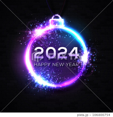 Happy New Year neon card on black brick texture background. Christmas ball decoration frame with glowing light celebrating text 2024 Happy New Year. Party banner design. Bright illustration. Happy New Year neon card on black brick texture background. Christmas ball decoration frame with glowing light celebrating text 2024 Happy New Year. Party banner design. Bright illustration. 106800754