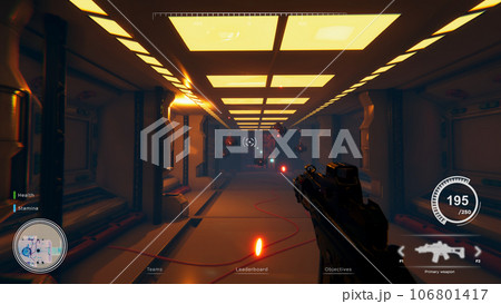 First person shooter videogame with gun shooting laser bullets at flying robotic enemies in dark atmospheric industrial setting. PvP online multiplayer game with players competing against eachother 106801417