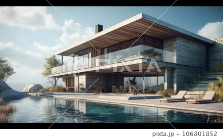 Design house - modern villa with open plan living and private bedroom wing. Large terrace with privacy and, swimming pool. Generative AI. 106801852