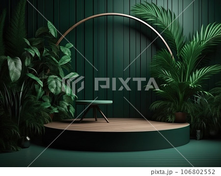 Green podium in modern tropical background for product placement 3d render. AI Generative 106802552