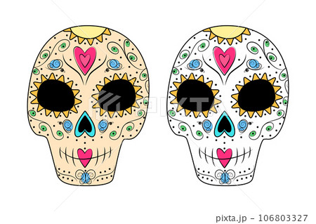 Set of 2 color patterned Sugar Skulls in trendy shades. Day of the Dead. Dia de los muertos. Mexico 106803327