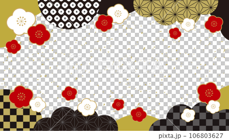 Plum and Japanese Pattern Japanese Style New Year Banner Frame Background/Top and Bottom Pattern, Black, Gold Leaf 106803627