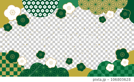 梅花和日本圖案日式新年橫幅框架背景/頂部和底部圖案，綠色，金葉 106803628
