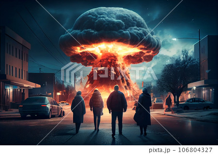 The concept of nuclear war. Explosion of a nuclear bomb. Silhouettes of people standing against the backdrop of a giant mushroom cloud of an atomic explosion. selective focus The concept of nuclear war. Explosion of a nuclear bomb. Silhouettes of people standing against the backdrop of a giant mushroom cloud of an atomic explosion. selective focus 106804327