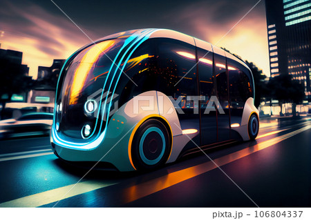 Energy Efficient Autonomous Vehicle. Shot of a futuristic unmanned van driving on a public highway in a modern city. 106804337