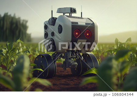 Smart farmer robots analyze fresh plant growth in futuristic robot automation to improve efficiency 106804344